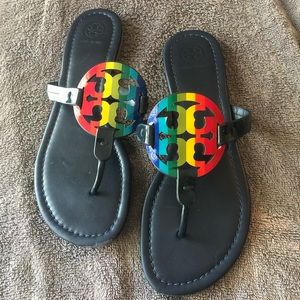 Like-New Navy Rainbow Stripe Miller Sandal…